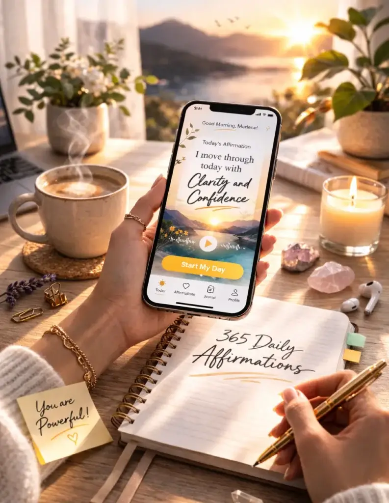 Smartphone mit Affirmationen App während einer Morgenroutine mit Notizbuch und Kaffee