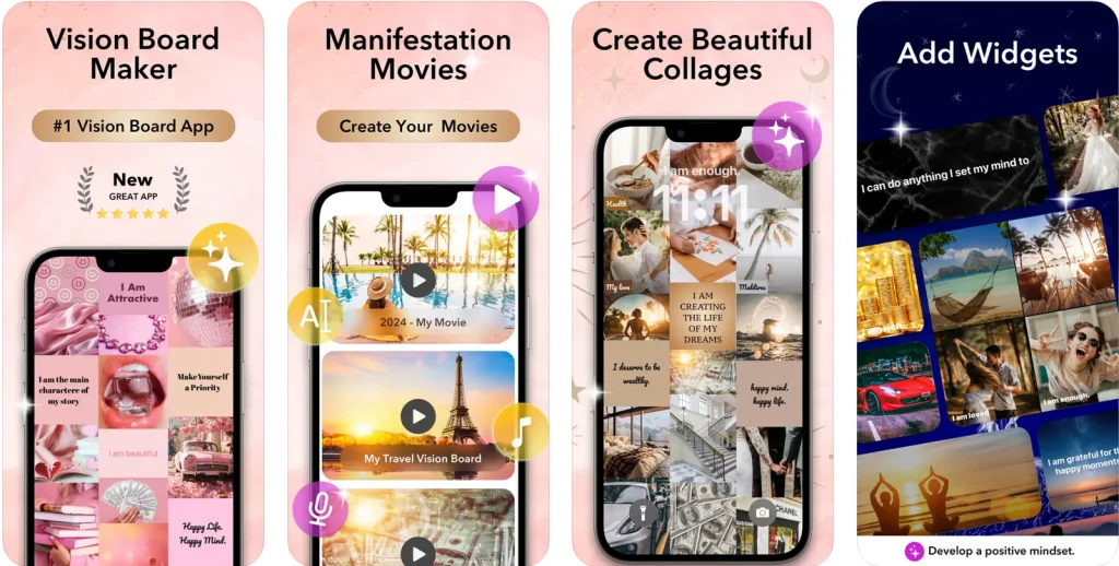 Vision Board ++ app screens showing the vision board maker, manifestation movies, collage creation and widgets